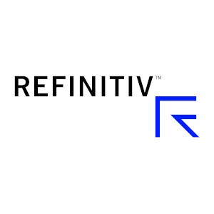 Refinitiv written in black with a blue corner and a point to form an a capital R.