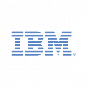 IBM written in blue with horizonal lines running across the letters.