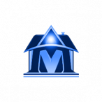 Blue house outline with a triangle on the roof, with a light. With a large M underneath the room