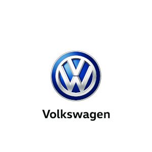 Volkswagen logo with a silver V above the W in a circle with a blue larger circle, Volkswagen written below in black.