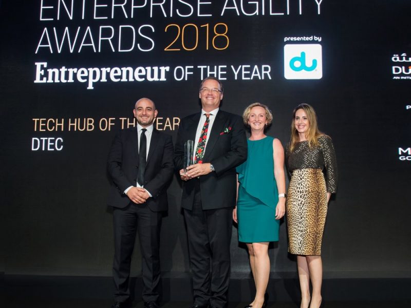 The Dtec team get Tech Hub of the year award at the Enterprise agility awards ing 2018 held at the Habtoor Palace in Dubai.